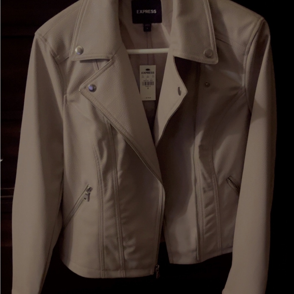 Cream colored faux leather jacket by Express